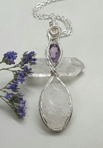 (Sålt) Halsband Delicious Double i 925 sterlingsilver med bergkristall och ametist