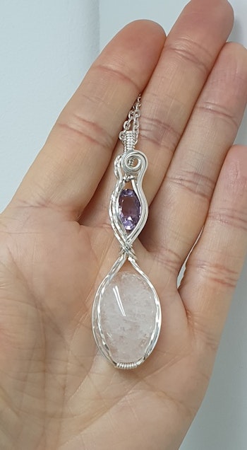 (Sålt) Halsband Delicious Double i 925 sterlingsilver med bergkristall och ametist