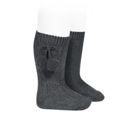 CÓNDOR - Warm Cotton Rib Knee-High Socks With Pompos Anthracite