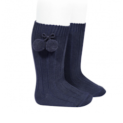 CÓNDOR - Warm Cotton Rib Knee-High Socks With Pompos Navy blue