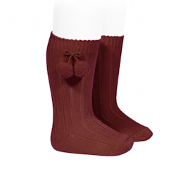 CÓNDOR - Warm Cotton Rib Knee-High Socks With Pompos Burgundy