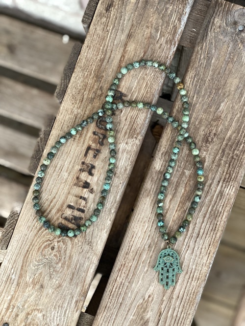 Långt halsband – Afrikansk turkos & hamsa