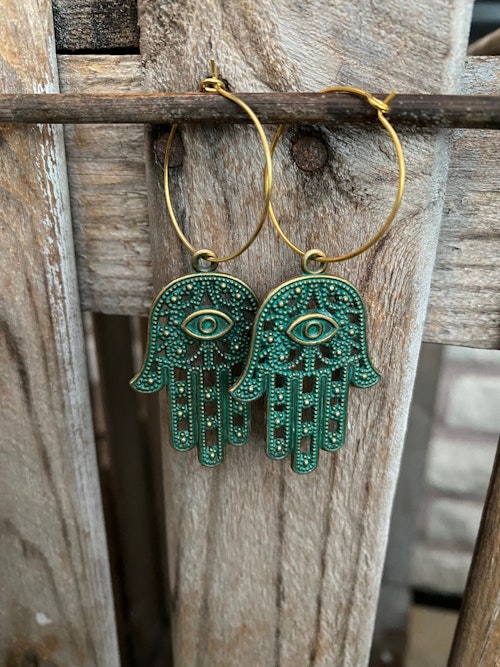 Örhängen – Hamsa, grönt antikfärgade