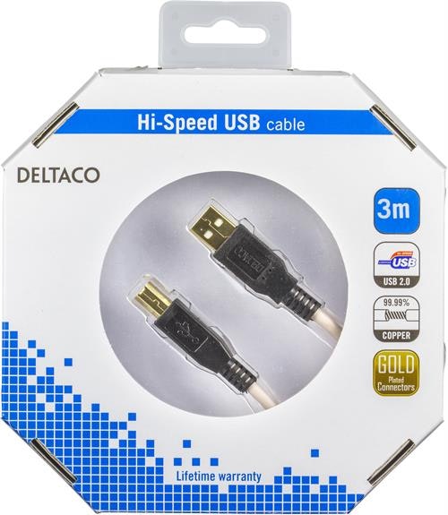 Deltaco USB 2.0 kabel Typ A hane - Typ B hane 3m