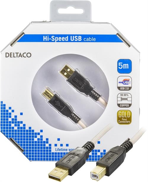 Deltaco USB 2.0 kabel Typ A hane - Typ B hane 5m