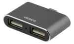 Deltaco USB-C mini hubb, 2x USB-A 2,0, 480 Mbps