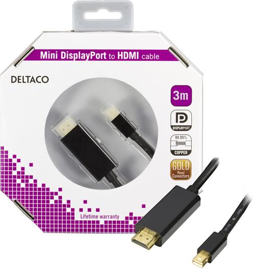Deltaco Mini DisplayPort till HDMI-monitorkabel med ljud, Full HD