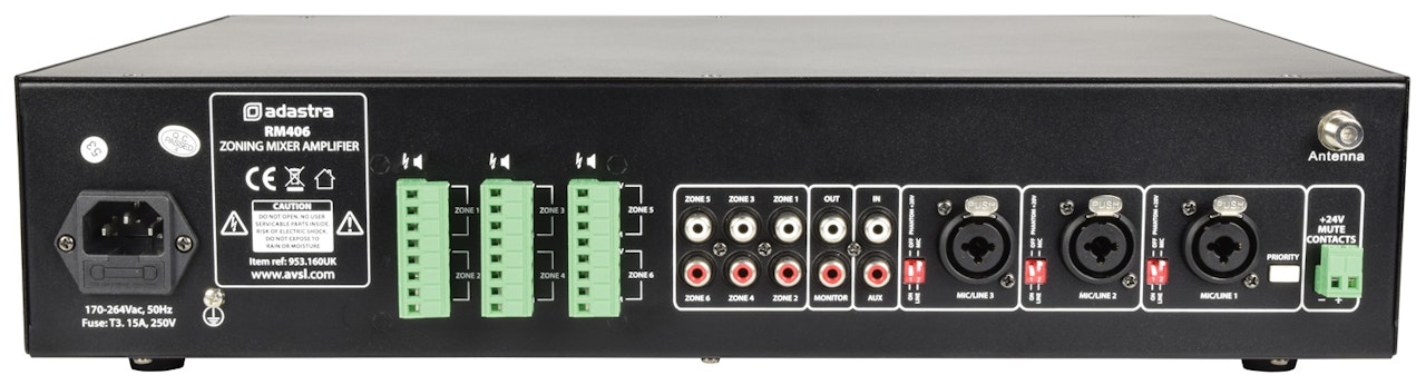 Adastra | RM406 6-Zone - 100V mixerförstärkare med 4 kanaler + USB/SD/FM och Bluetooth spelare - 6 zoner ut