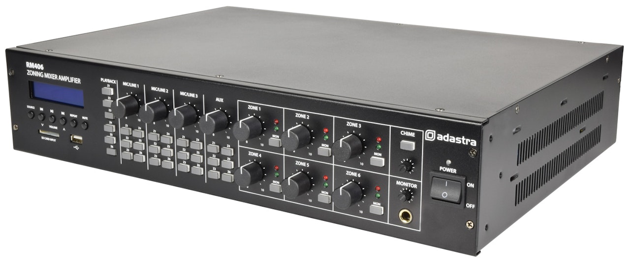 Adastra | RM406 6-Zone - 100V mixerförstärkare med 4 kanaler + USB/SD/FM och Bluetooth spelare - 6 zoner ut