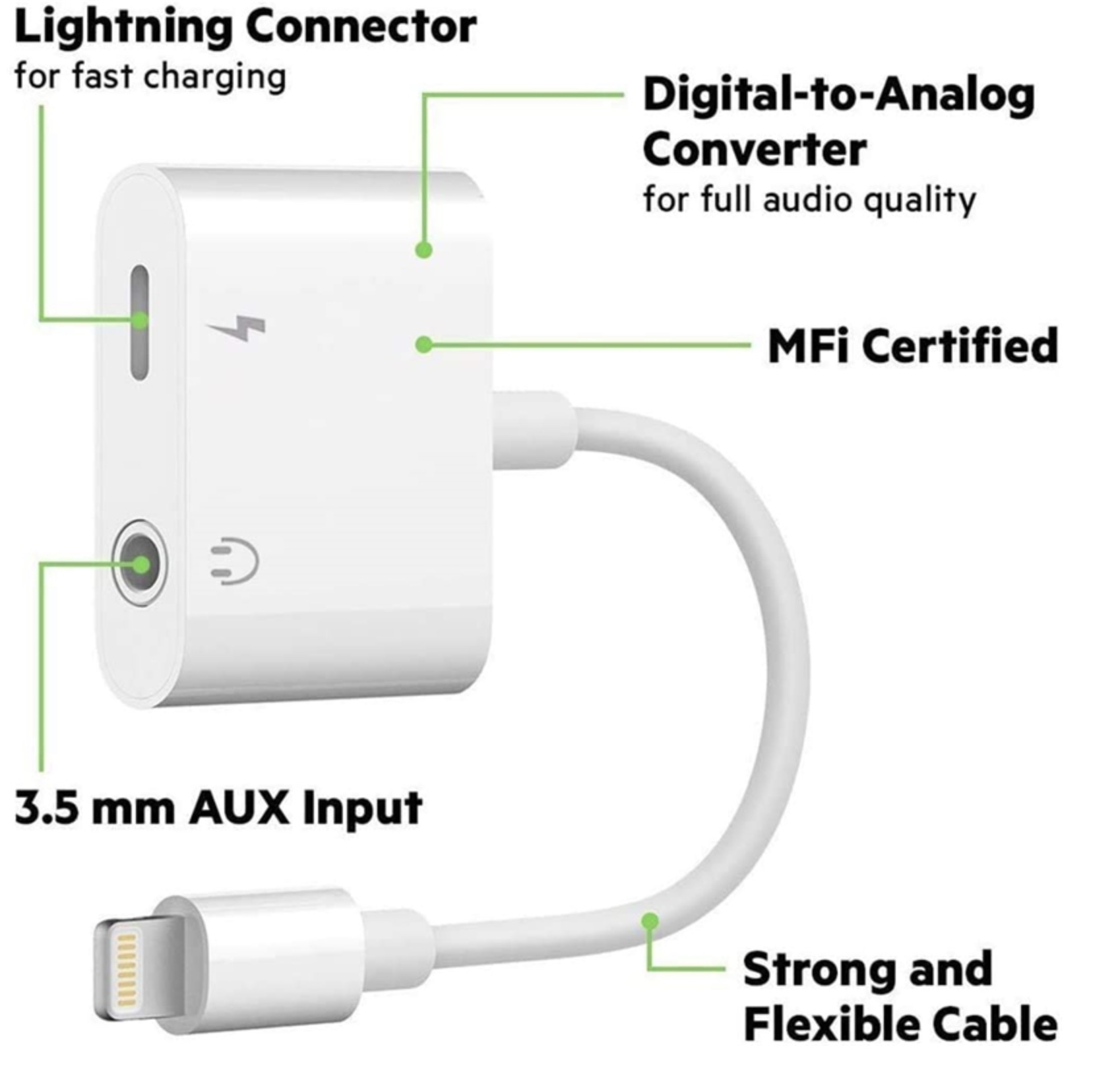 Lightning AUX-adapter - 3.5mm med ingång för laddare till iPhone / iPad