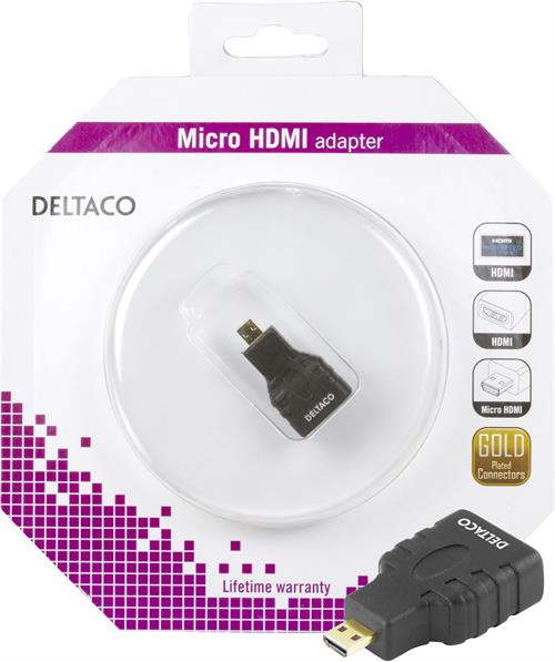 DELTACO HDMI-adapter, HDMI High Speed with Ethernet, 4K, Ultra HD, micro HDMI 19-pin ha till HDMI 19-pin ho, svart