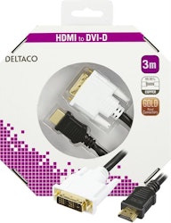 DELTACO HDMI till DVI-kabel, Full HD i 60Hz, 19-pin ha - DVI-D Single Link ha, 3m, svart/vit