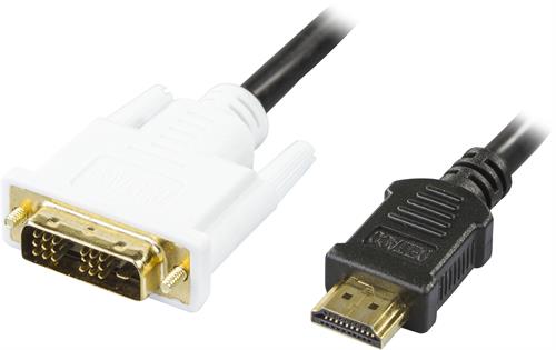 DELTACO HDMI till DVI-kabel, Full HD i 60Hz, 19-pin ha - DVI-D Single Link ha, 3m, svart/vit