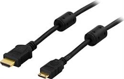 DELTACO HDMI kabel, HDMI High Speed with Ethernet, 4K, Ultra HD i 60Hz, HDMI Type A ha - Mini HDMI ha, guldpläterad, 2m, svart