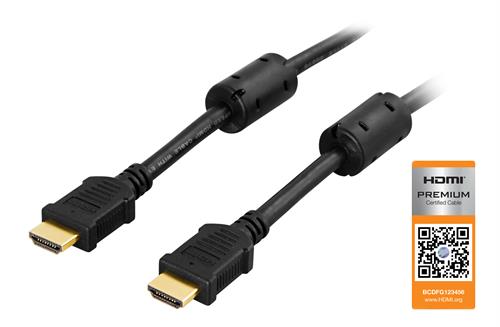 DELTACO HDMI kabel, Premium High Speed HDMI with Ethernet, 4K, UltraHD i 60Hz, 2m, guldpläterade kontakter, 19-pin ha-ha, svart