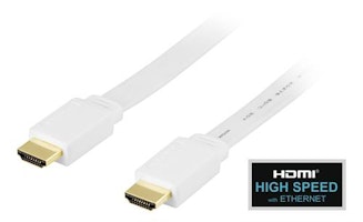 DELTACO HDMI kabel, HDMI High Speed with Ethernet, 4K, UltraHD i 60Hz, platt, 1m, guldpläterade kontakter, 19-pin ha-ha, vit