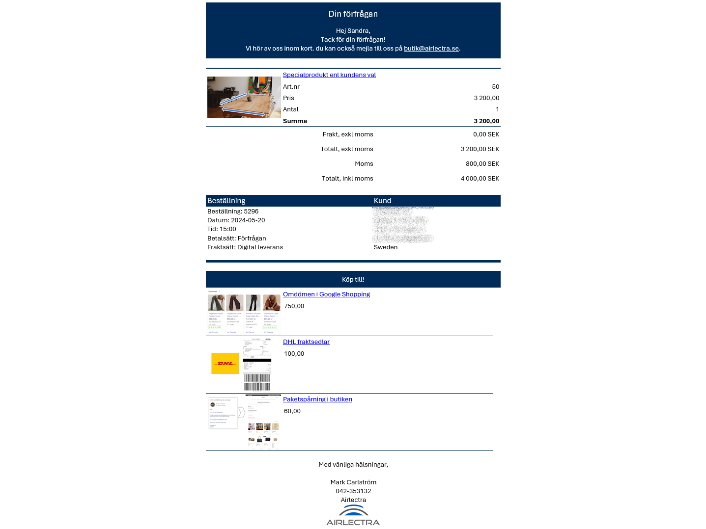 Orderbekräftelser med bilder och merförsäljning