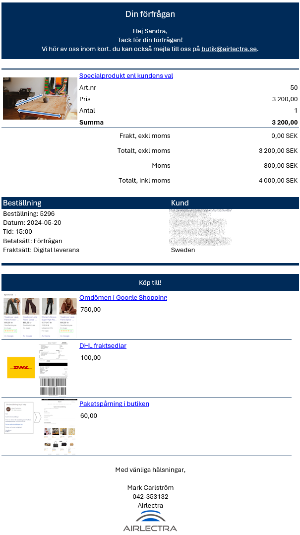 Orderbekräftelser med bilder och merförsäljning