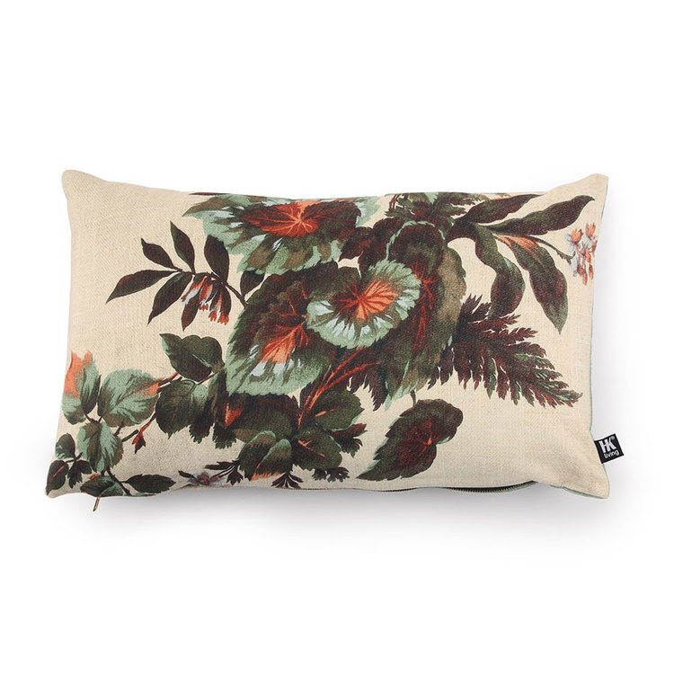 Cushion from HK Living, 35x60 cm with a large scale floral print on the front and an abstract print on the back.