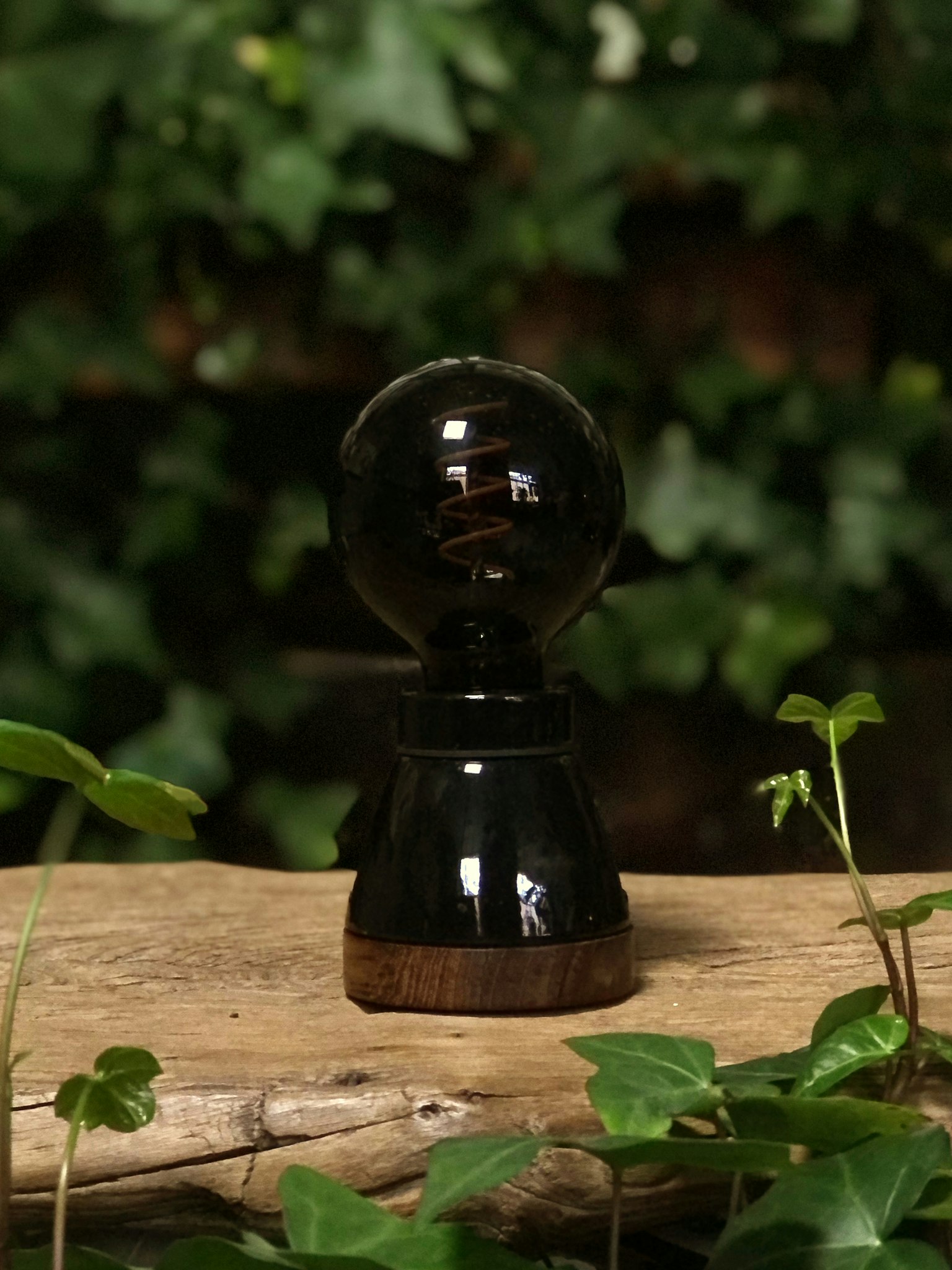 Dark oiled teak & porcelain table lamp