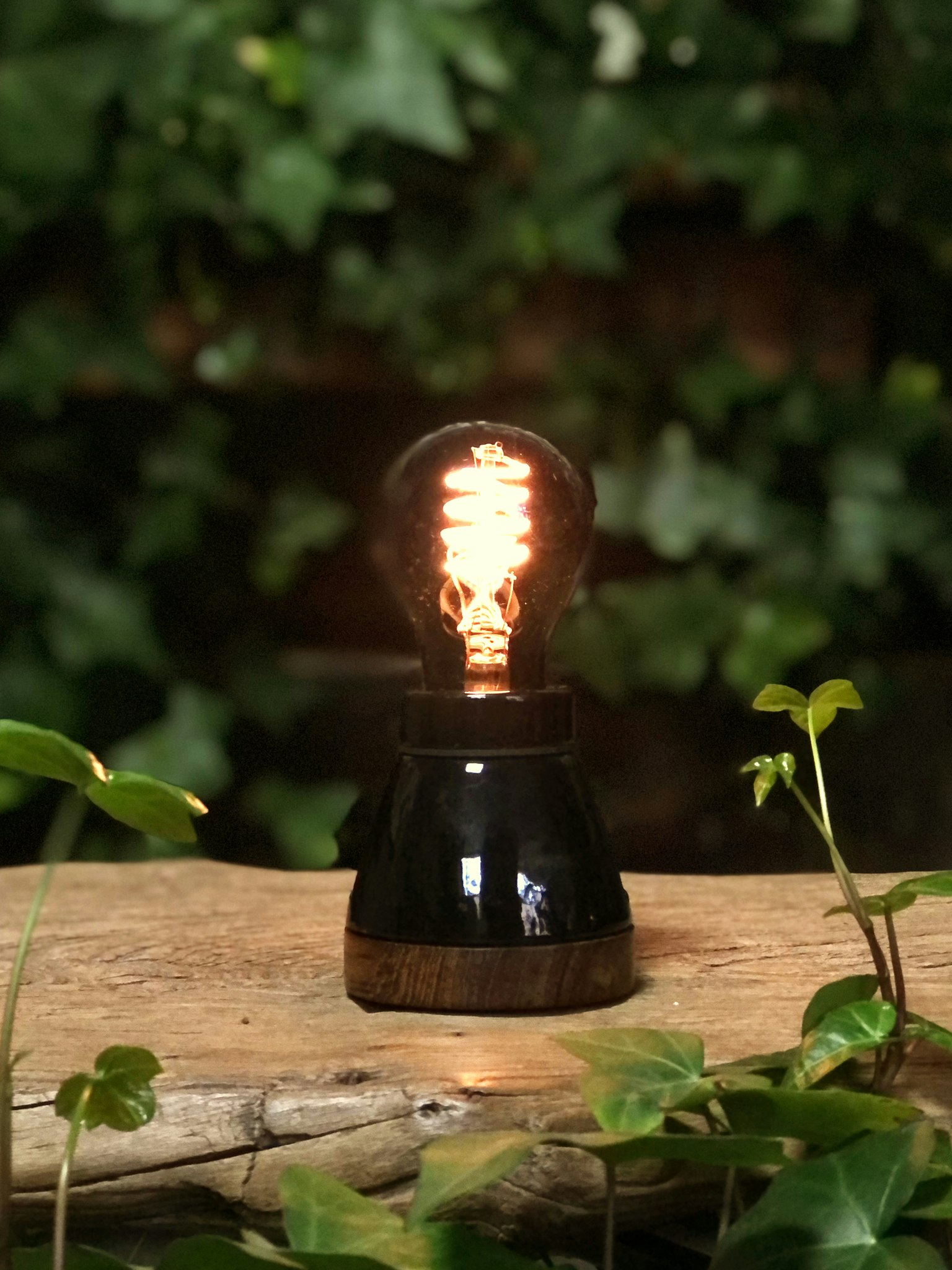 Dark oiled teak & porcelain table lamp