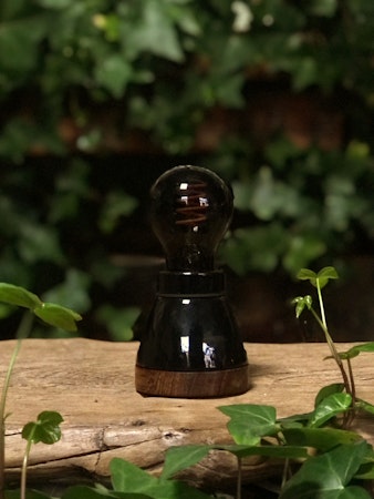 Dark oiled teak & porcelain table lamp