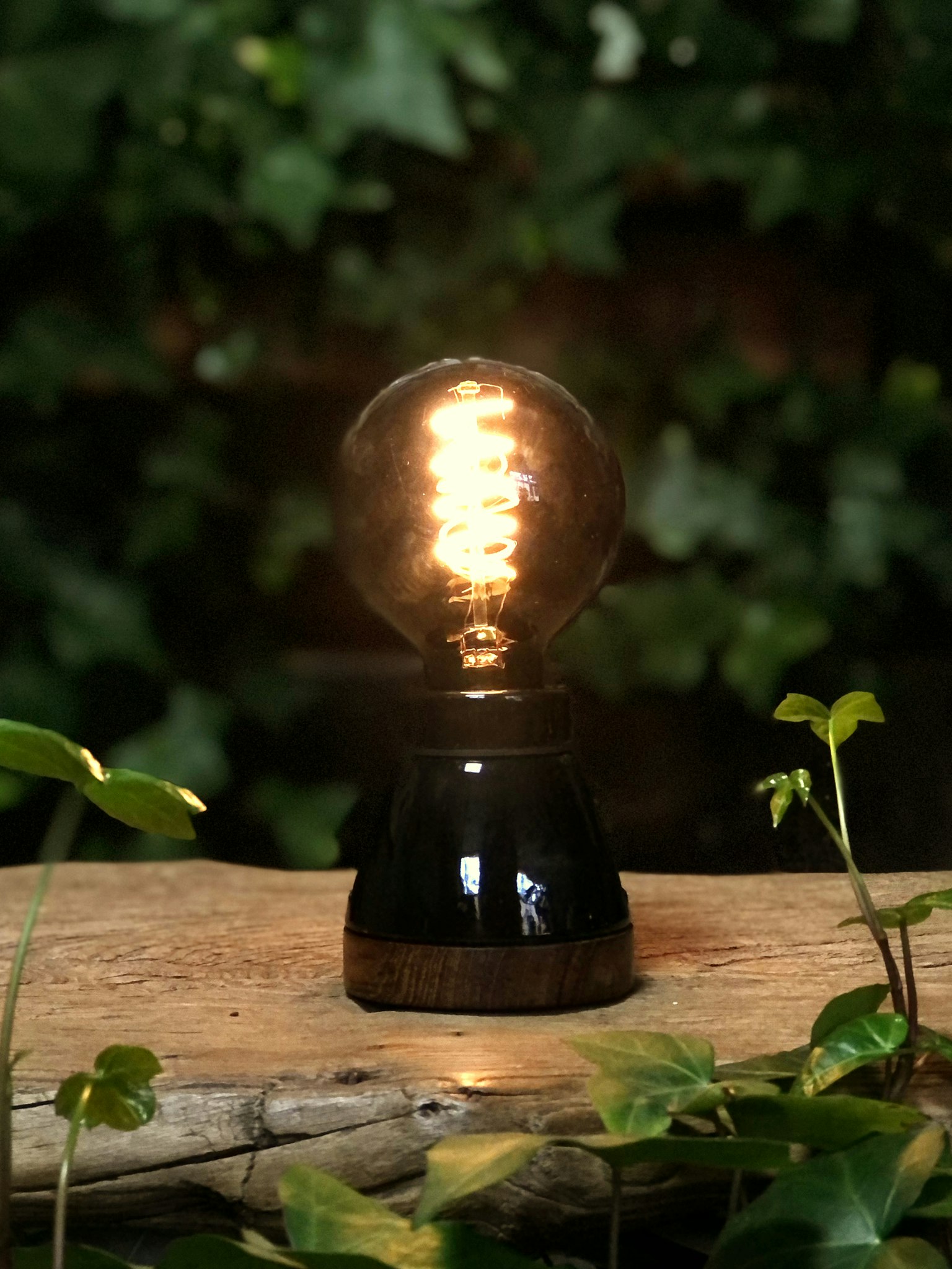 Dark oiled teak & porcelain table lamp