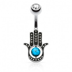 Navelpiercing med turkos hamsa hand