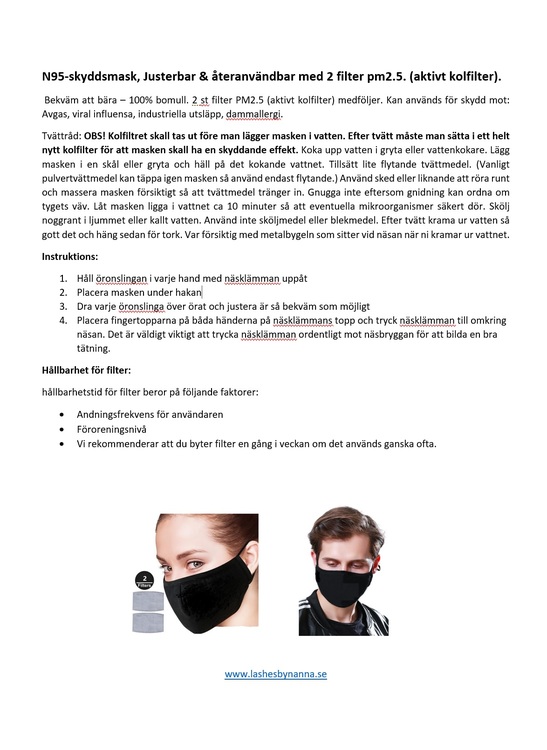 Munskydd N95 - svart professional skydd - 2 st. filter med kolfilter