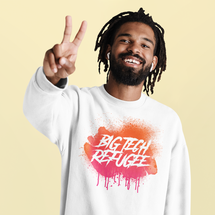 Big Tech Refugee, Sweatshirt Unisex, Anti Big Tech, Sweatshirt med tryck. Storlekar upp till 6xl.