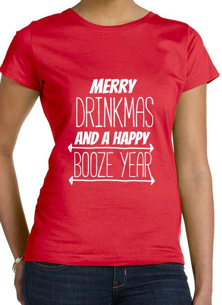 T-Shirt-Merry Drinkmas-Röd Tshirt Dam