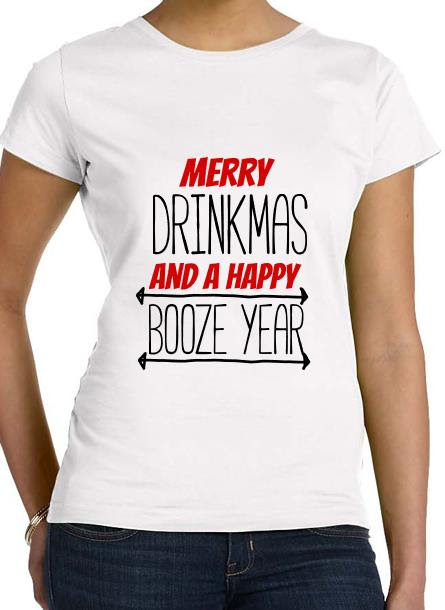 T-Shirt-Merry Drinkmas-Vit Tshirt Dam