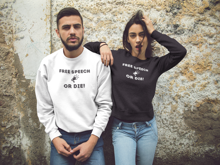 Free Speech Sweatshirt, Unisex modell. Free Speech Or Die. Inget skall stoppa den fria yttrandefriheten