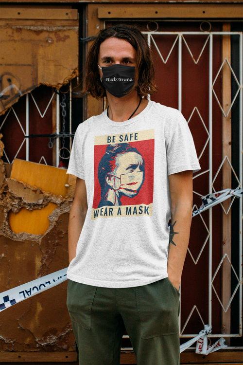 Corona T-Shirt. Be Safe Wear A Mask T-Shirt i retro style. Skydda dig från Corona använd ansiktsmask. T-Shirt Herrmed budskap om att skydda dig mot bli smittad utav corona