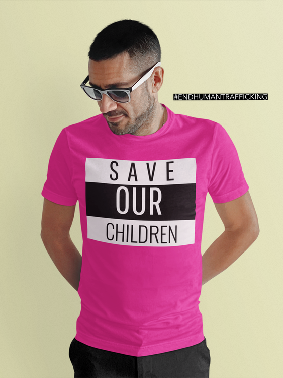 Cool Tshirt i häftig färg med text Save Our Children. End Human Trafficking