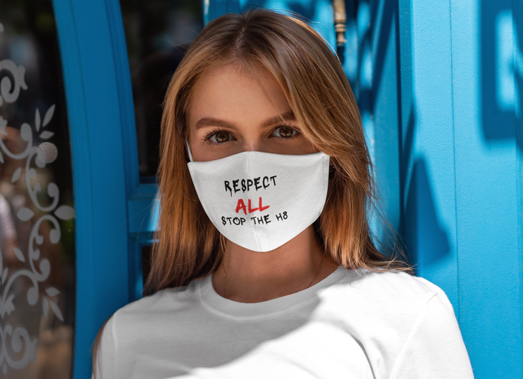 Ansikts/skyddsmask Respect All Stop The Hate. Facemask med text Respect All Stop The H8