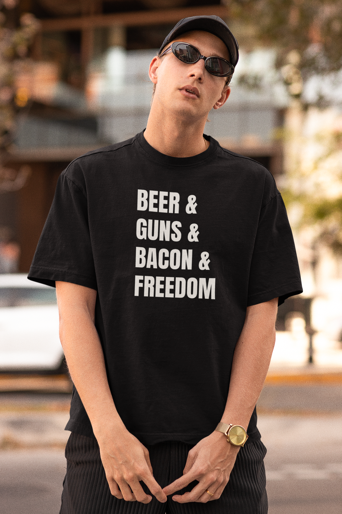 T-Shirt med text, Beer & Guns & Bacon & Freedom, Bacon Lover