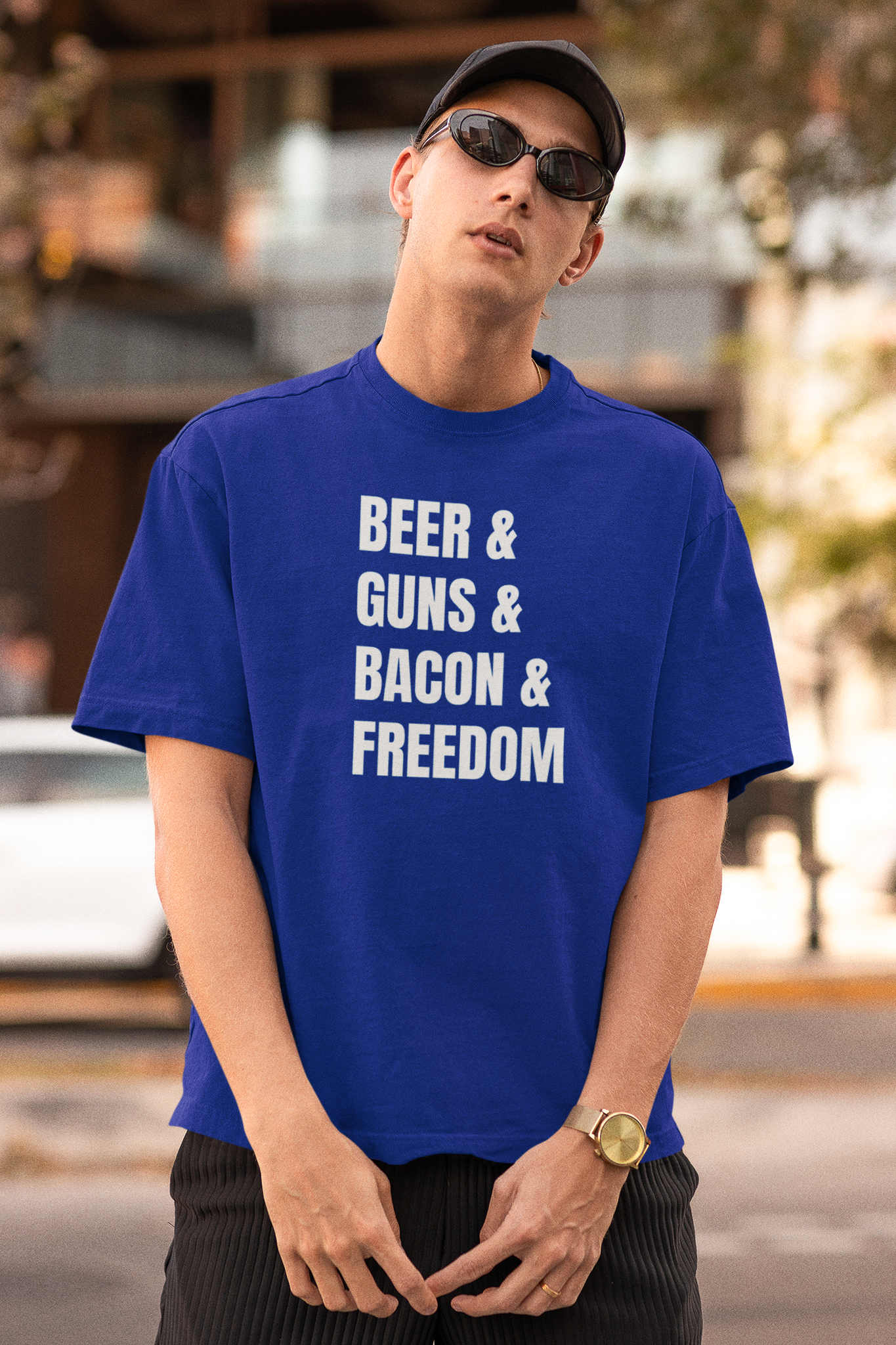 Älskar bacon T-Shirt, Beer & Guns & Bacon & Freedom