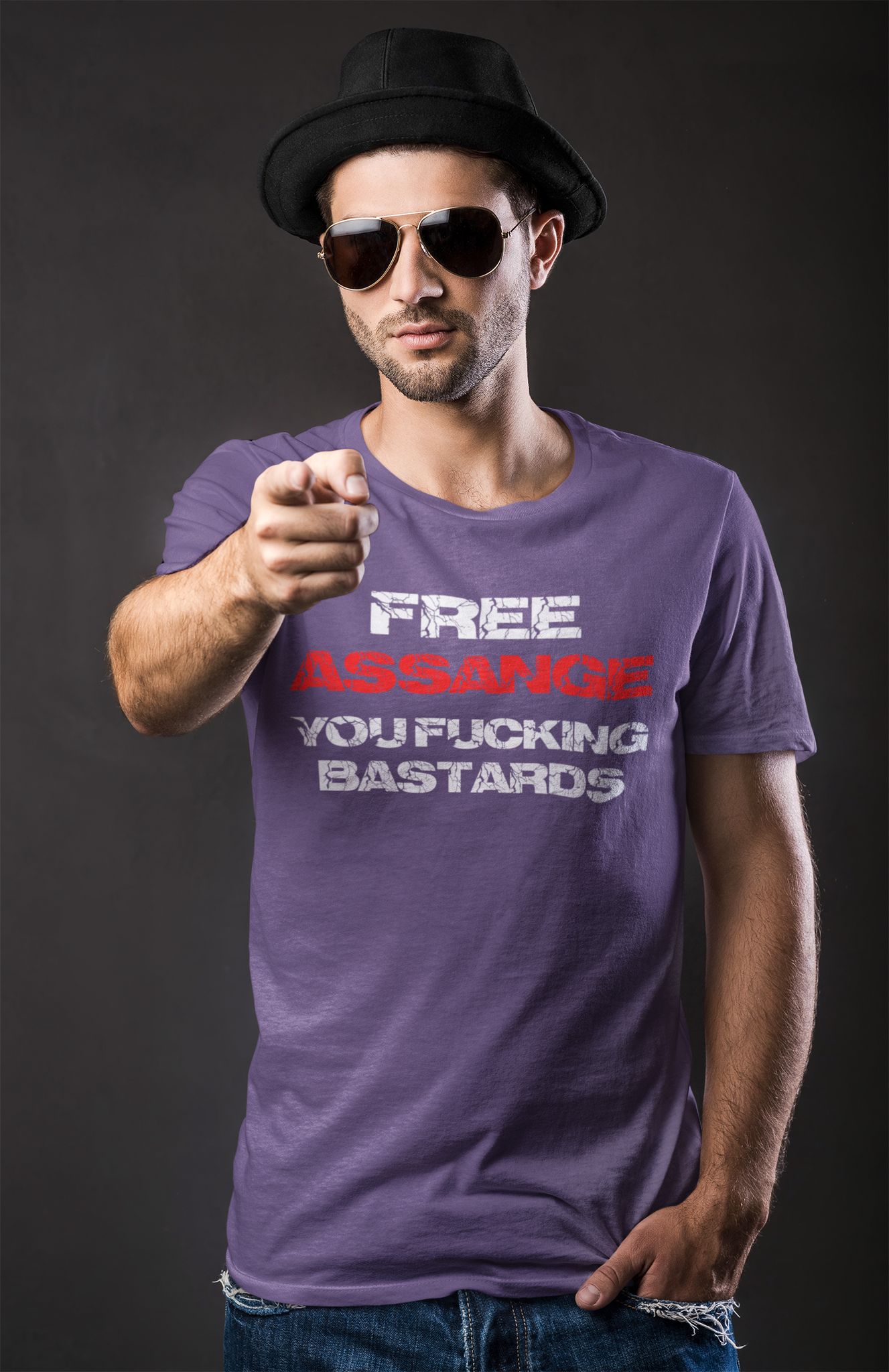 Multiple color options available for Men's T-shirt with the text "Free Assange" and a message about rights for journalists & the freedom of speech