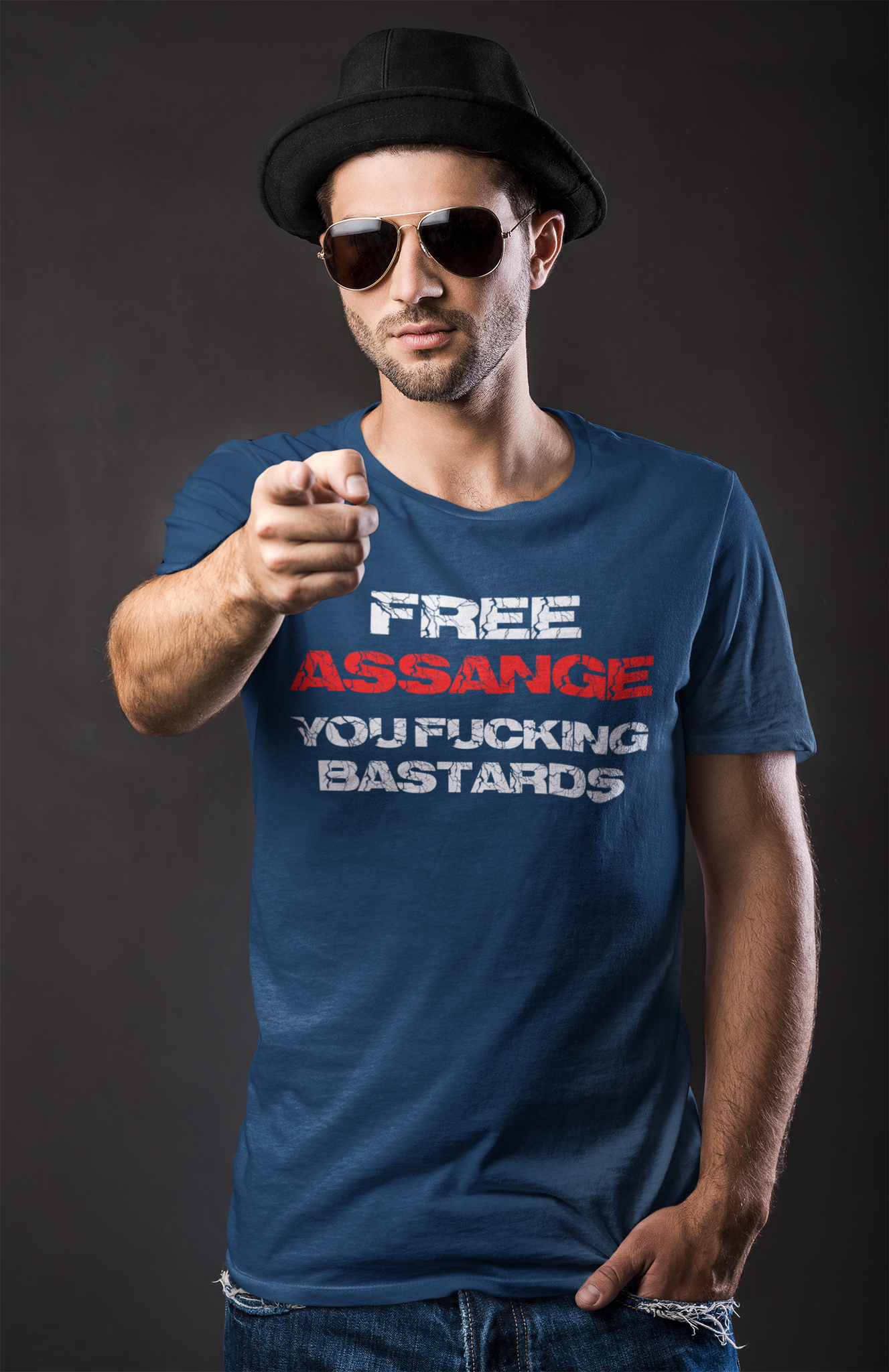 Men's T-shirt with the text Free Assange You Fucking Bastards and a message about protecting whistleblower rights