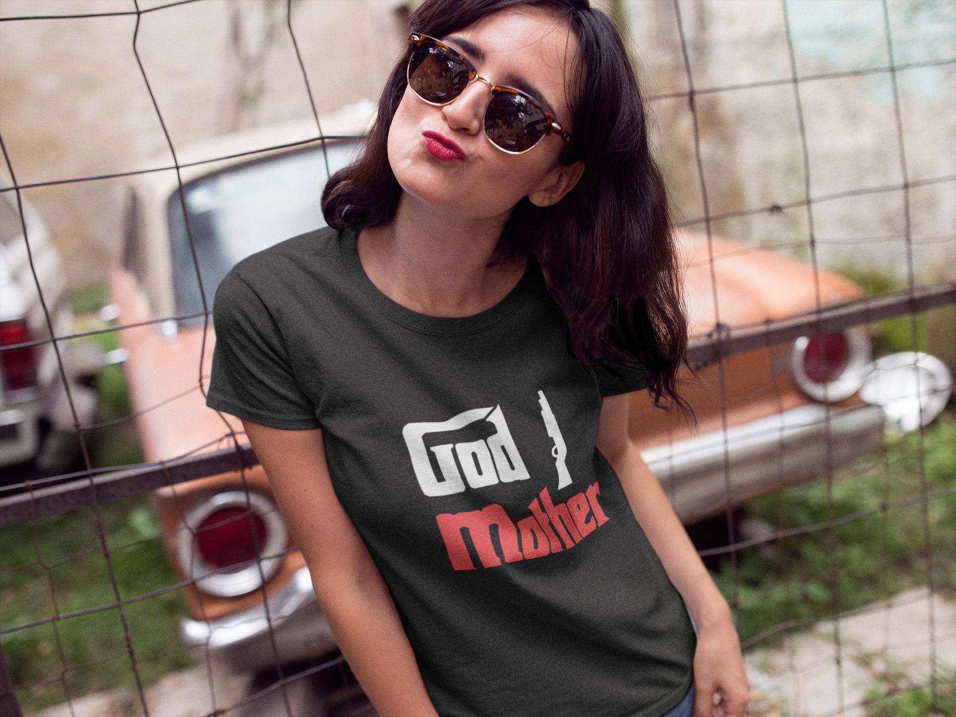 T.Shirt with cool text Godmother and a machinegun,godfather t-shirts online