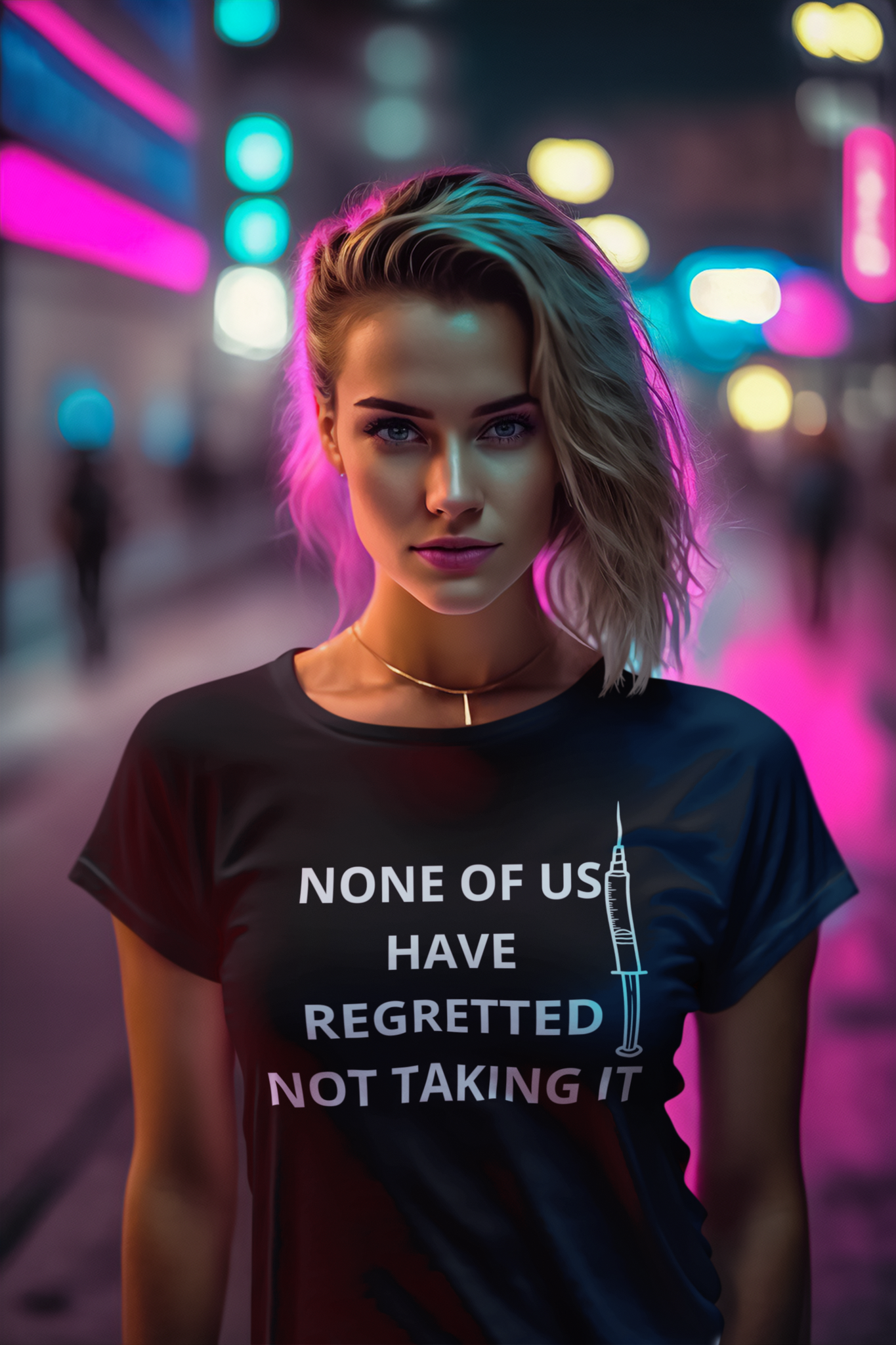 T-Shirt med tryck text,None Of Us Have Regretted Not Taking It med en spruta bredvid
