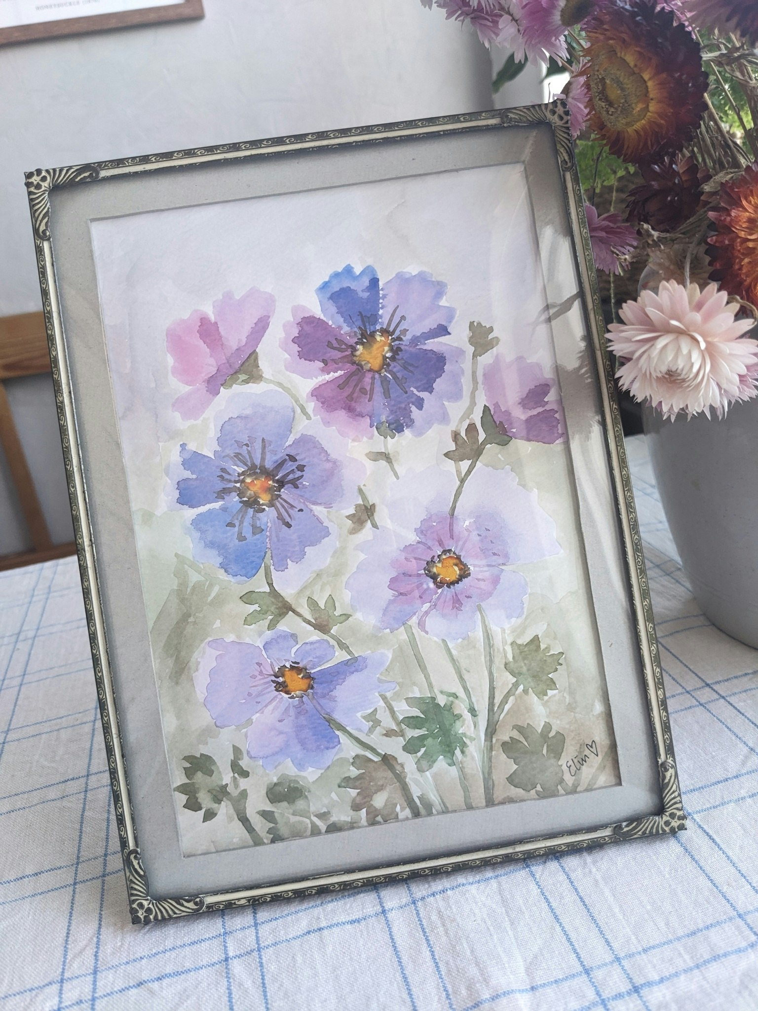 Inramad Akvarell- Lila vildblommor