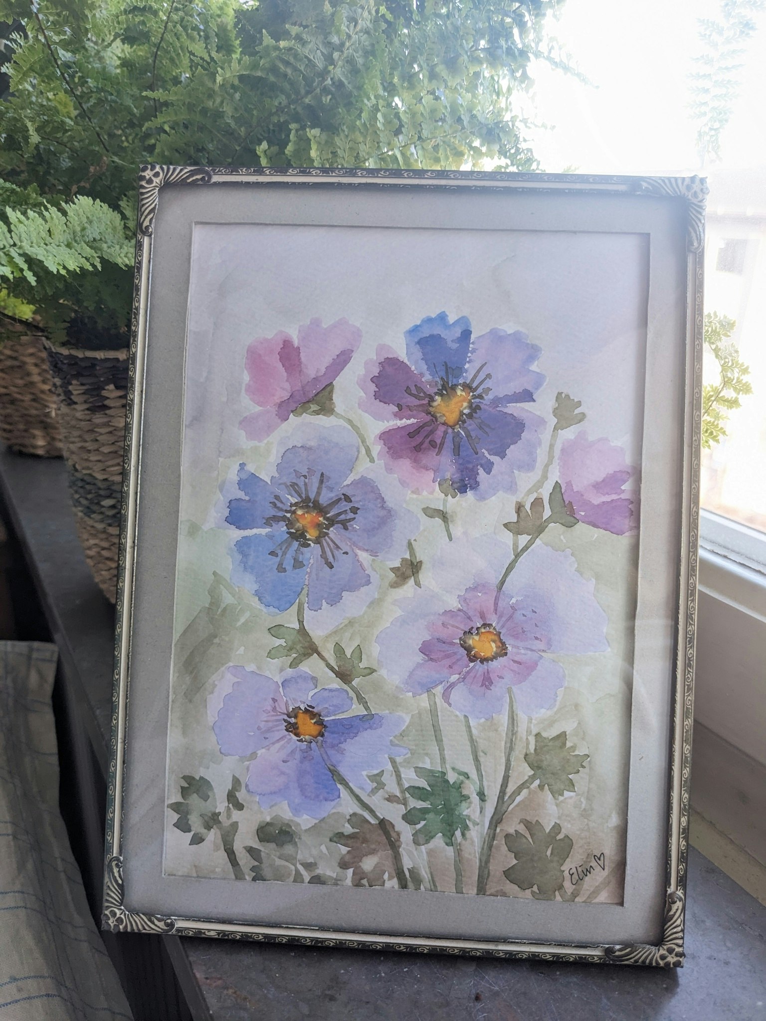 Inramad Akvarell- Lila vildblommor