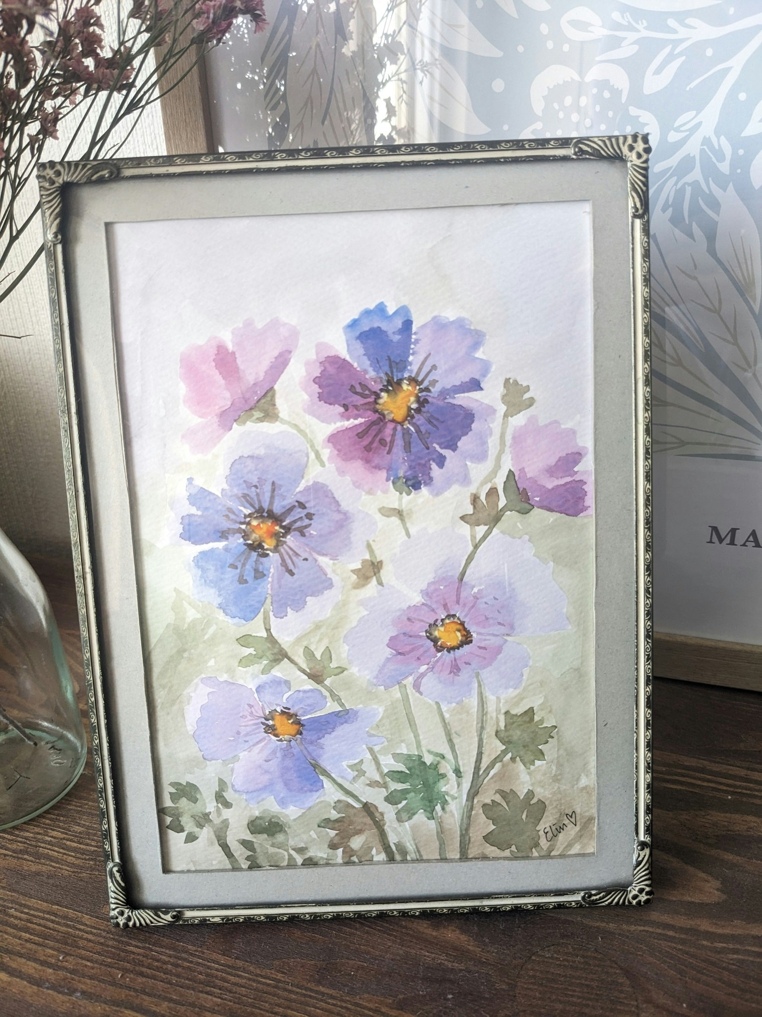 Inramad Akvarell- Lila vildblommor