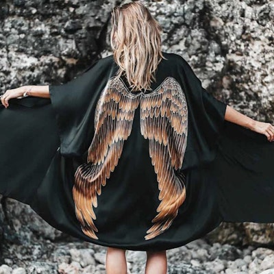 Luxe silk kimono short "Black Caramel wings" - Warriors of the divine