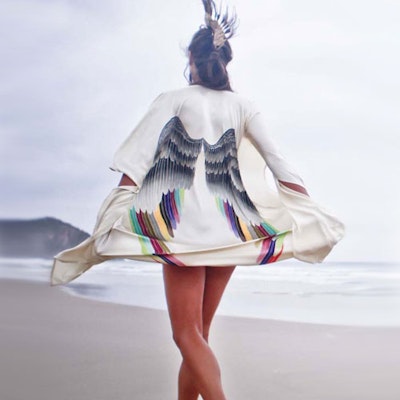 Luxe silk kimono long "Cream silver warrior wings" - Warriors of the divine