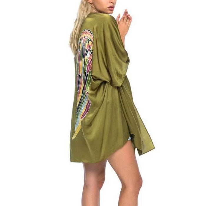 Luxe silk kimono short "Olive warrior wings" - Warriors of the divine