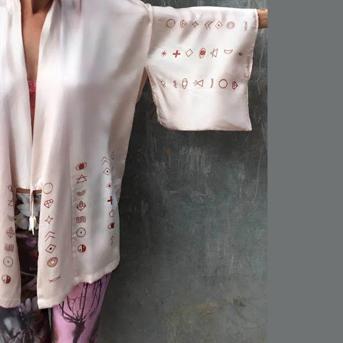 Luxe silk kimono "Atoms of the universe" champagne - Warriors of the divine