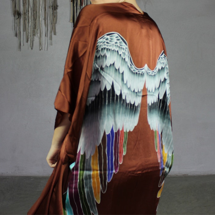 Luxe silk kimono long "Rust warrior wings" - Warriors of the divine